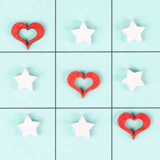 Tic tac toe game with red hearts and stars, symbol for love and emotion, valentines day
