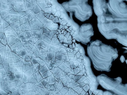Aerial view of frozen lake, ice floes, winter, Storvatnet, Flakstadoya, Lofoten, Norway, Europe