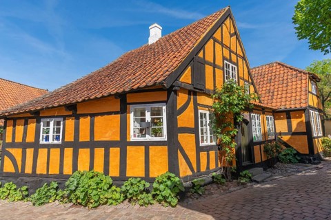 Faborg, Faaborg, picturesque old town with colourful houses, half-timbered houses, plants, gabled