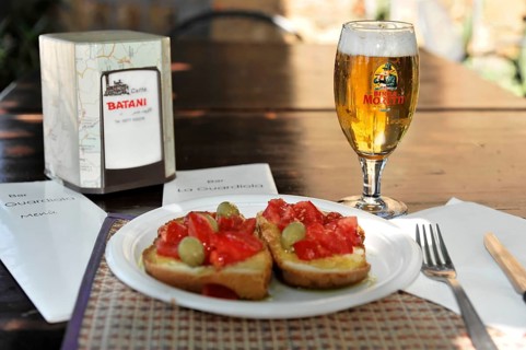 Bruschetta in Pienza, Crete Senesi, Tuscany, Italy, Europe, Fresh tapas served with beer on an