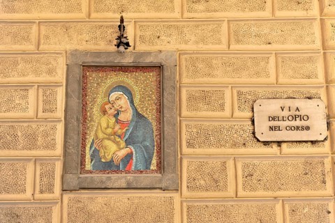 Montepulciano, Tuscany, Italy, Europe, Mural of the Madonna and Child, on a stone wall in a