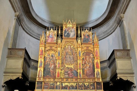 Montepulciano, Tuscany, Italy, Europe, A richly decorated altar with numerous images of saints and