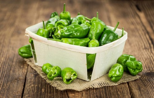 Raw Pimientos on rustic wooden background as close-up shot