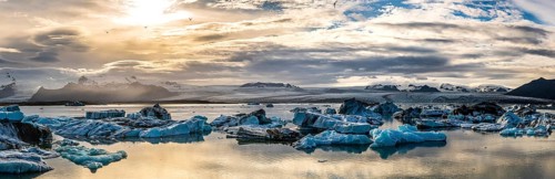 Spectacular sunset in the famous Jokulsarlon Glacier Lagoon Iceland