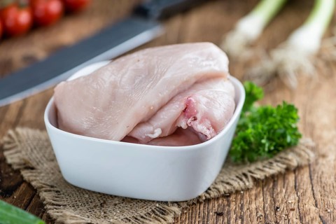 Raw Chicken Cutlet (close-up shot) on wooden background