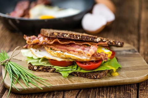 Fresh made Bacon and Egg Sandwich (selective focus, close-up shot)