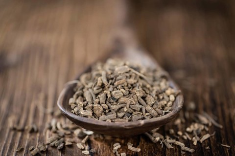 Valerian roots (dried, detailed close-up shot) on wooden background