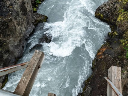 Hraunfossar waterfall in western Iceland at a cloudy day