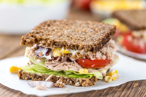 Fresh made Tuna sandwich with wholemeal bread (selective focus, close-up shot)