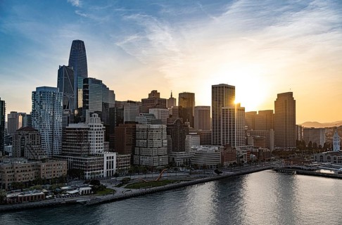 San Francisco Downtown at sunset. View from Oakland Bay Bridge