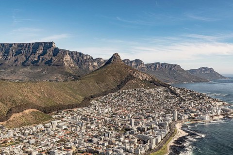 Green Point and Sea Point (Cape Town, South Africa), aerial view, shot from a helicopter