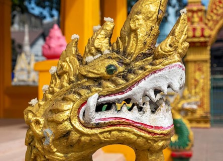 Close-up of gilded Naga, guardian deity, Wat Mixai, Vientiane, Laos, Asia