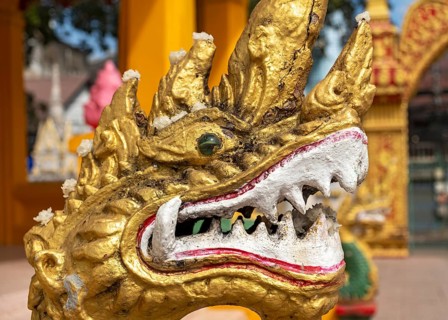 Close-up of gilded Naga, guardian deity, Wat Mixai, Vientiane, Laos, Asia