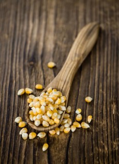 Portion of Corn (detailed close-up shot) on wooden background (selective focus)