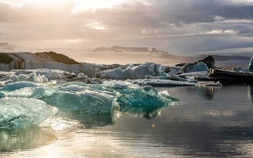 Jokulsarlon Glacier Lagoon in eastern Iceland during a summer sunset