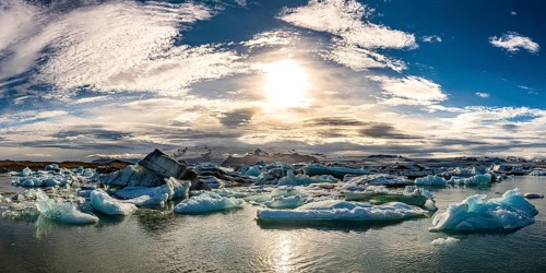 Jokulsarlon Glacier Lagoon in eastern Iceland during sunset