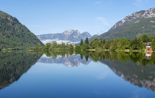 Morning atmosphere, reflection, Grundlsee Castle in the morning light, Grundlsee, panoramic shot,