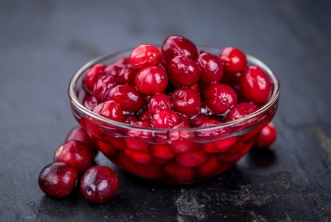 Some healthy Preserved Cranberries on a vintage slate slab (selective focus)