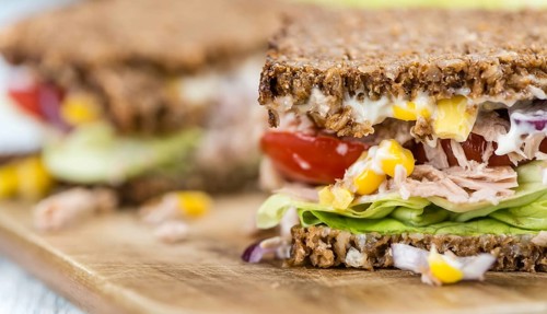 Tuna sandwich with wholemeal bread (selective focus, close-up shot)