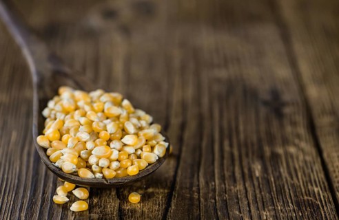 Dried Corn on a wooden table (detailed close-up shot, selective focus)