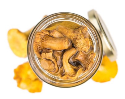Portion of Canned chanterelles as detailed close-up shot isolated on white background