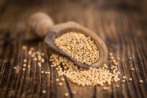 Mustard Seeds on a vintage background as detailed close-up shot (selective focus)