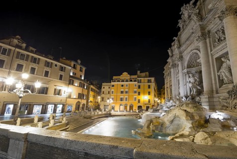 Beautiful Trevi Fountain and Building at Night in City of Rome, Lazio, Italy, Europe