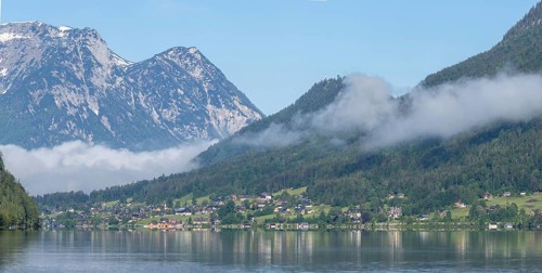 Morning atmosphere, early morning fog over the Grundlsee, panoramic shot, Salzkammergut, Styria,