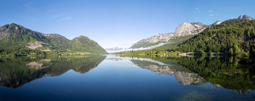 Morning atmosphere, reflection, early morning fog over the Grundlsee, panoramic shot,