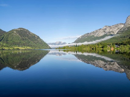 Morning atmosphere, reflection, early morning fog over the Grundlsee, panoramic shot,