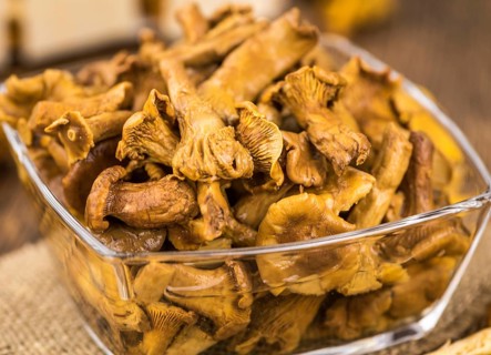 Canned chanterelles on a vintage background as detailed close-up shot, selective focus