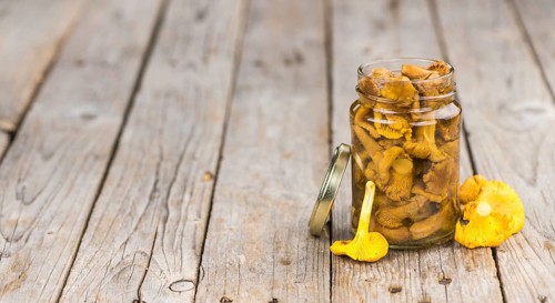 Portion of fresh Canned chanterelles close-up shot, selective focus