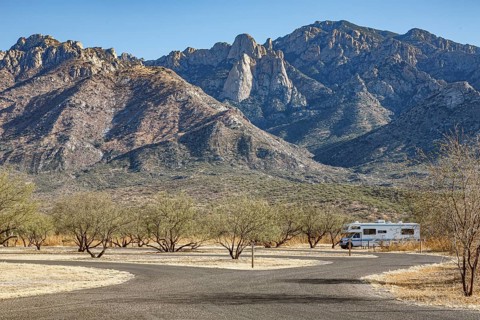 Motorhome parked at campground in Catalina State park near Tucson, Arizona