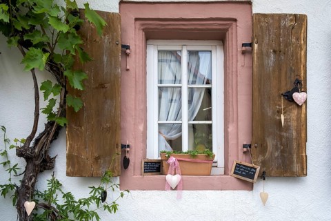 Window with shutters, grapevine and heart decoration, Southern Palatinate, Palatinate,