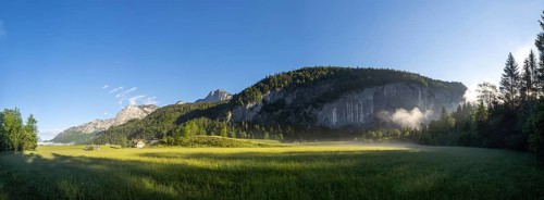 Morning atmosphere at sunrise, early morning fog in a forest, behind the Gossler Wand, panoramic