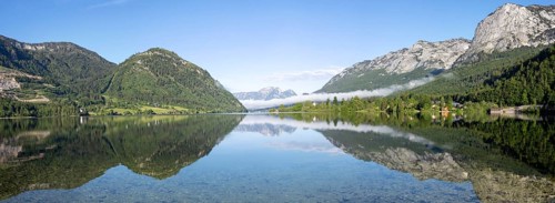 Morning atmosphere, reflection, early morning fog over the Grundlsee, panoramic shot,
