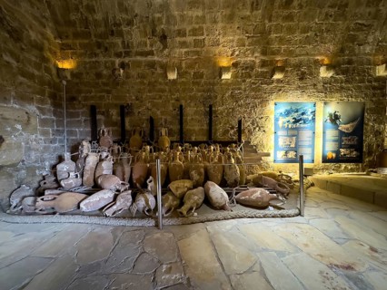 View of ancient amphorae from an old historical shipwreck salvaged in the Mediterranean Sea Wreck