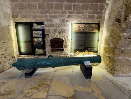 Exhibit historical old cannon in medieval 16th century fortress built by Republic of Venice old