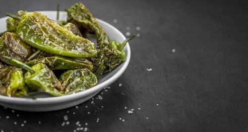 Portion of Pimientos de Padron on a rustic slate slab, selective focus, close-up shot