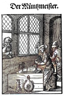 The Mint Master, woodcut from the, Das Staendebuch, a famous series of woodcuts of the craft of