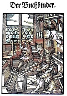 The bookbinder, woodcut from the, Das Staendebuch, a famous series of woodcuts of the craft of