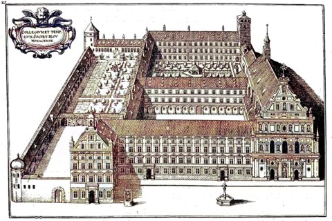 The Jesuit College in Munich, copperplate engraving by Merian in Topogr. Bavariae, Germany, digital