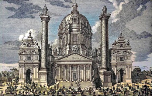 The church, Karlskirche in Vienna, Austria, digital reproduction of an original from the 19th