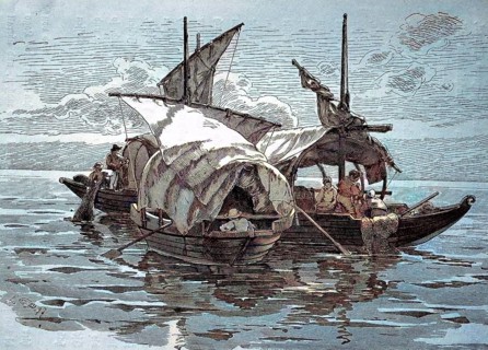 Fishing boats or fishing barques on Lake Maggiore, Italy, digital reproduction of an original from
