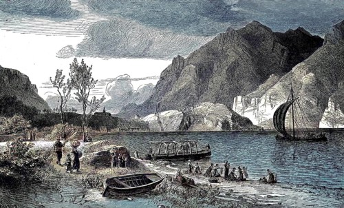 Scene at Lago di Como, Italy, woman washing clothes on the shore of the lake, digital reproduction