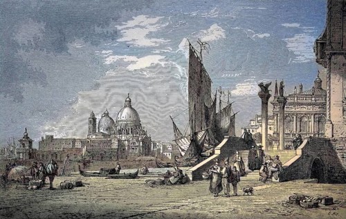 Scene on the Riva degli Schiavoni, is a waterfront in Venice, Italy, digital reproduction of an