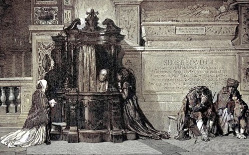 Priest in the confessional, the sins of the faithful ring out, confession in St Peter's, Italy,