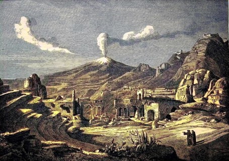 Sicily, the theatre of Taormina and Mount Etna in the background, Italy, digital reproduction of an
