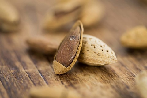 Almonds in shell (roasted and salted) on a vintage background (close-up shot)
