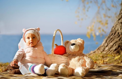 Baby sitting on a blanket outdoors with a teddy bear and basket containing a pumpkin on a sunny
